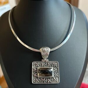 Sterling Silver Collar Necklace w/ Large Designer Faceted Gemstone Slide Pendant